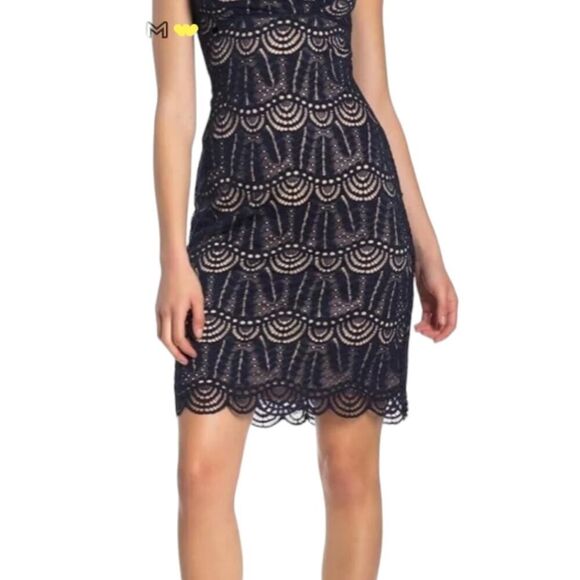 Sharagano Navy Nude Sleeveless Lace Sheath Party Pencil Dress Size 16 - Picture 1 of 7